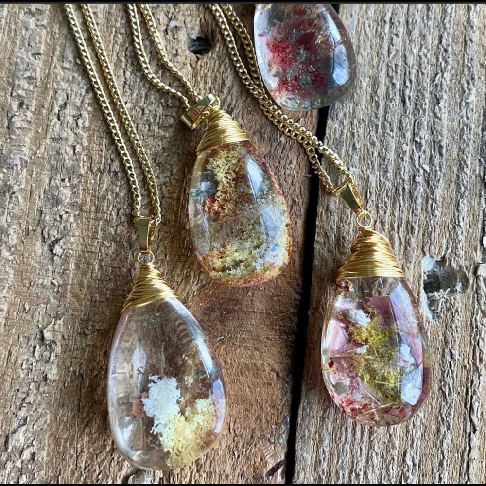 Phantom Quartz Moss Agate Teardrop Pendant